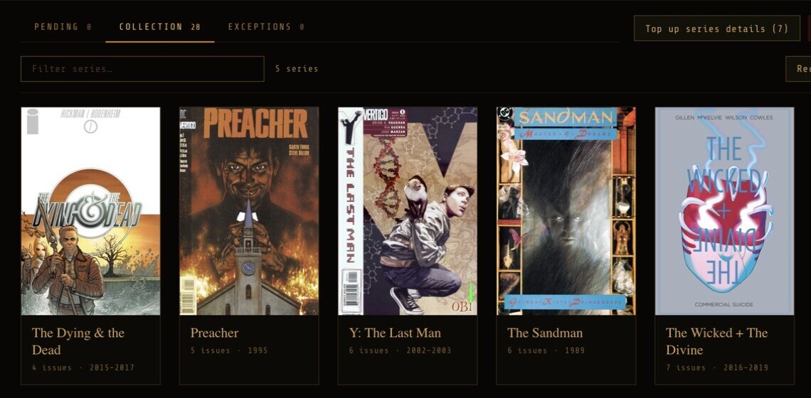 The Collection tab showing five confirmed series with their covers