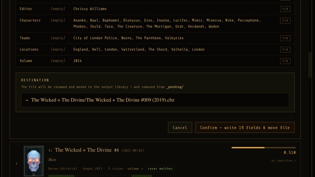 The destination path and Confirm button, stating the number of fields to be written