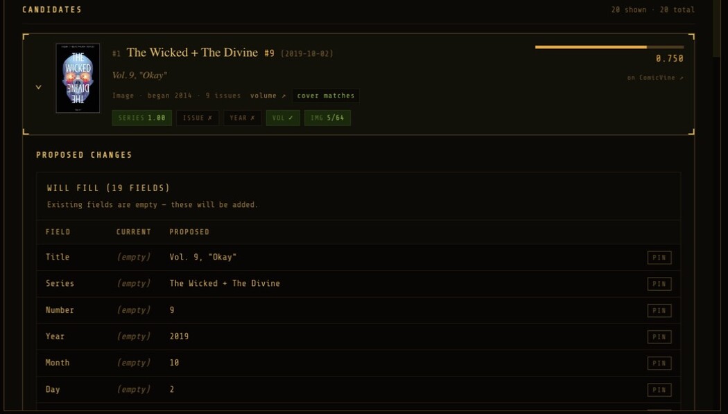 The comparison for a ComicVine candidate: Will fill, 19 fields, each empty field beside its proposed value