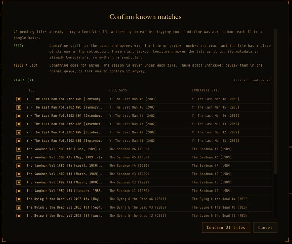 The Confirm known matches dialog listing files with what each file says and what ComicVine says, all agreeing