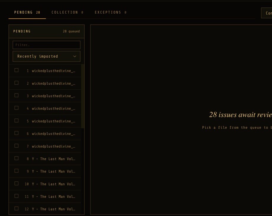 The Pending tab after a scan: 28 issues queued, with Confirm known matches (21) in the header