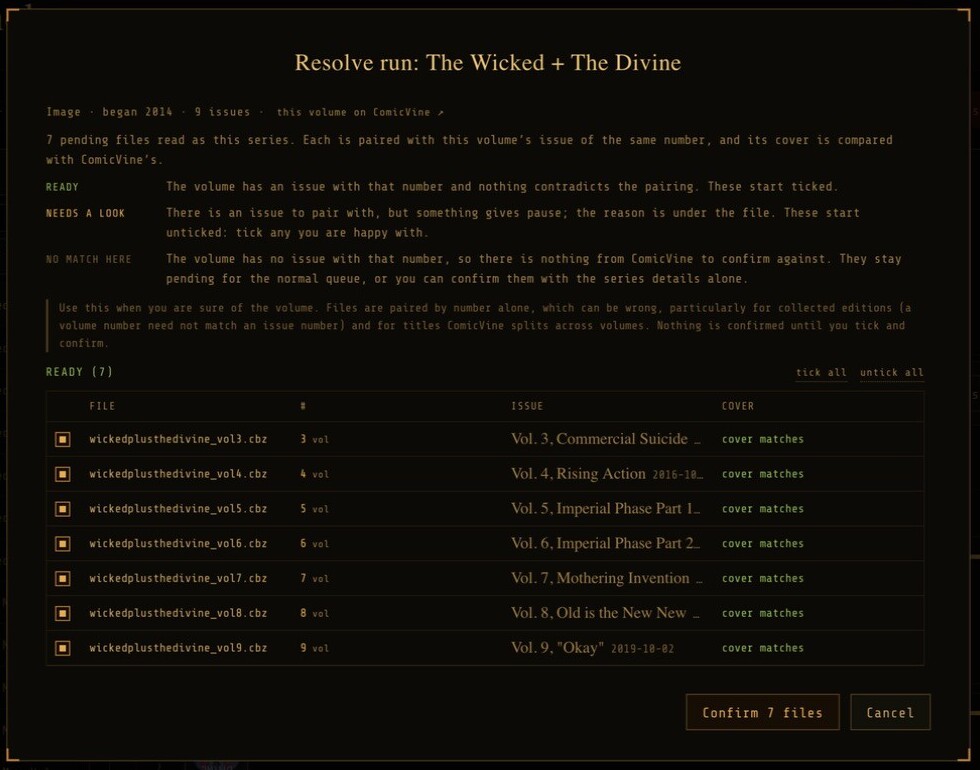 The Resolve run dialog listing seven files paired with the volume issues, each marked cover matches