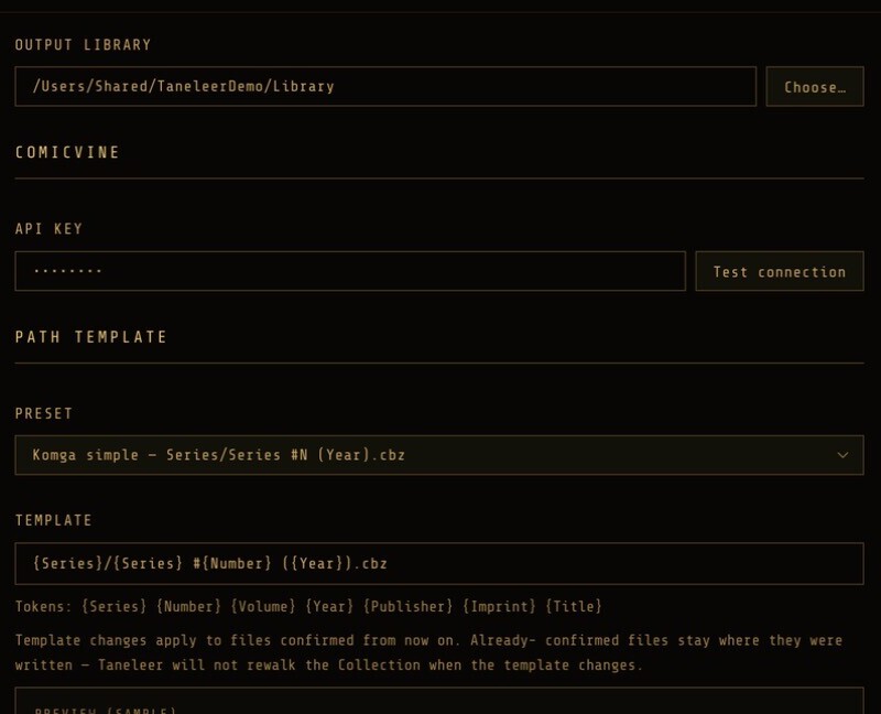 The Taneleer settings screen showing source library, output library, ComicVine API key and path template