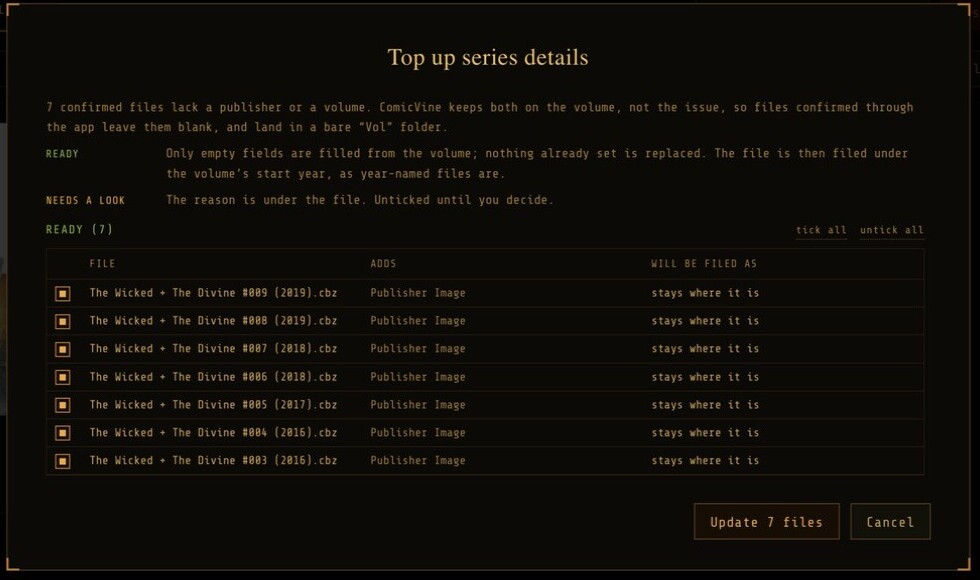 The Top up series details dialog listing seven files and the publisher each will gain