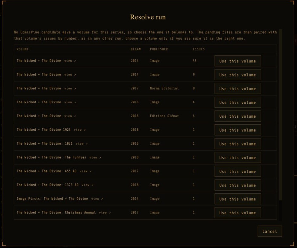 A list of ComicVine volumes named The Wicked + The Divine with start year, publisher and issue count, each with a Use this volume button